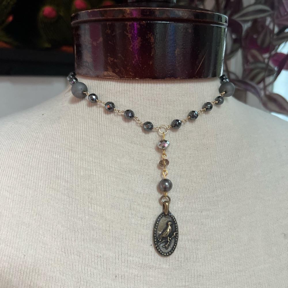 Handmade Victorian style Y chain gray crystal beads and bird pendant necklace